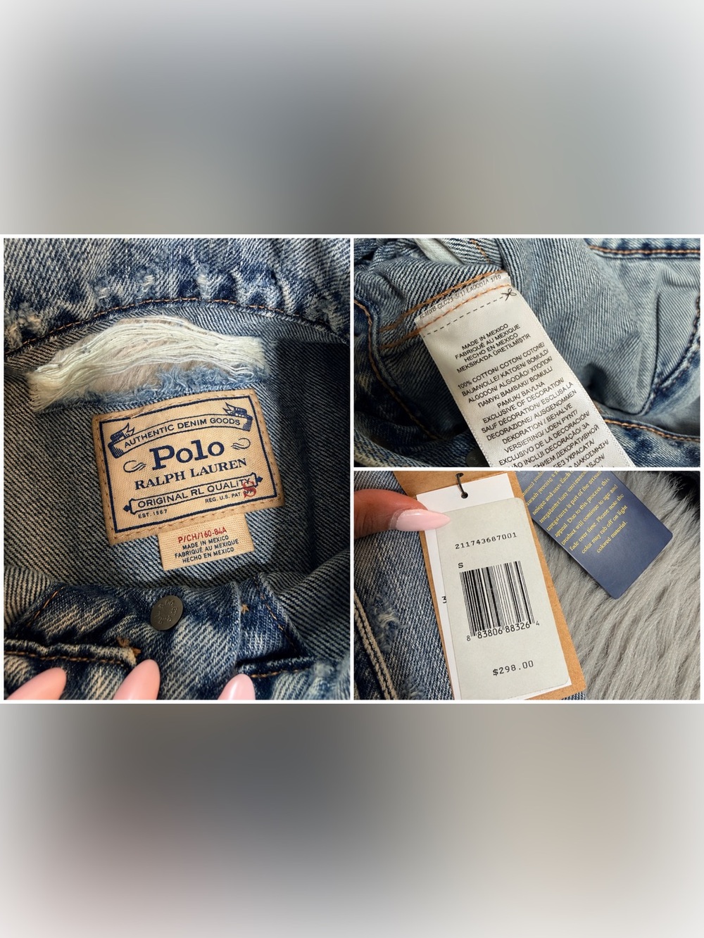 NWT Polo Ralph Lauren Distressed Denim Jacket Rose Embroidered Flag Patch Small - Picture 11 of 12